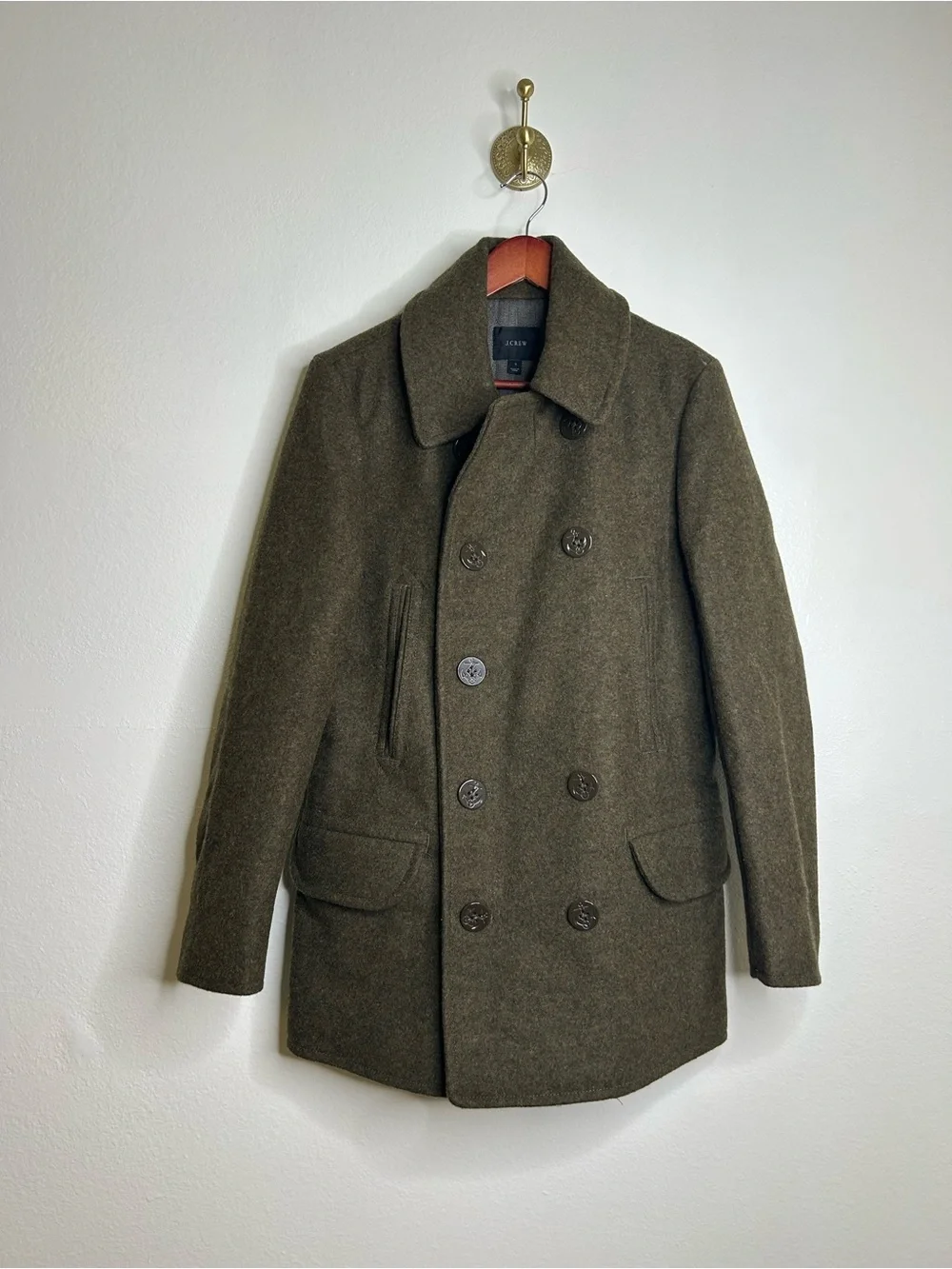 J. Crew 100% Wool Army Green Double Breasted Peacoat Size Small